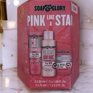 Soap & Glory 3 Piece Set Body Wash Exfoliating Scrub & Body Butter Original Pink